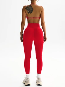 Dewbera Dewbera Women's Solid Color Backless Halter Top And Leggings Sports Suit Women's Gym Clothes - Red - View 8