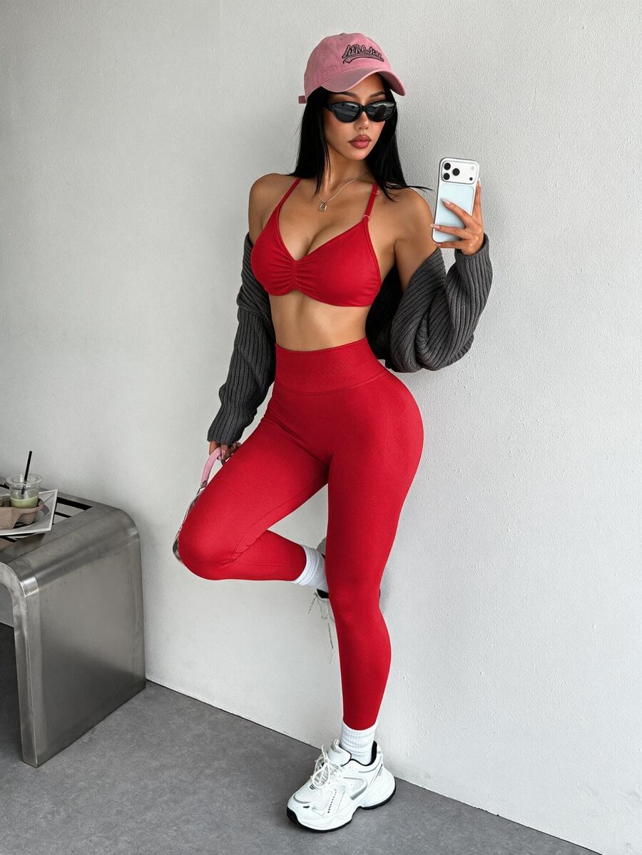 Dewbera Dewbera Women's Solid Color Backless Halter Top And Leggings Sports Suit Women's Gym Clothes