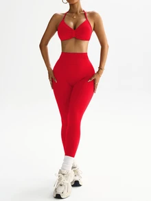Dewbera Dewbera Women's Solid Color Backless Halter Top And Leggings Sports Suit Women's Gym Clothes - Red - View 9