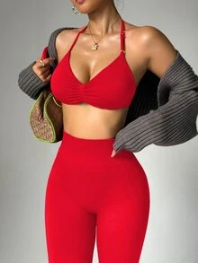 Dewbera Dewbera Women's Solid Color Backless Halter Top And Leggings Sports Suit Women's Gym Clothes - Red - View 7