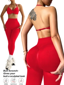 Dewbera Dewbera Women's Solid Color Backless Halter Top And Leggings Sports Suit Women's Gym Clothes - Red - View 5