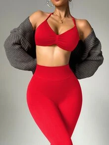 Dewbera Dewbera Women's Solid Color Backless Halter Top And Leggings Sports Suit Women's Gym Clothes - Red - View 6