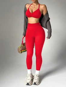 Dewbera Dewbera Women's Solid Color Backless Halter Top And Leggings Sports Suit Women's Gym Clothes - Red - View 3