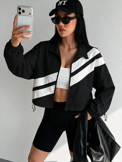 Dewbera Dewbera Colorblock Zip-Up Sports Jacket With Drawstring Hem, Spring/Autumn
