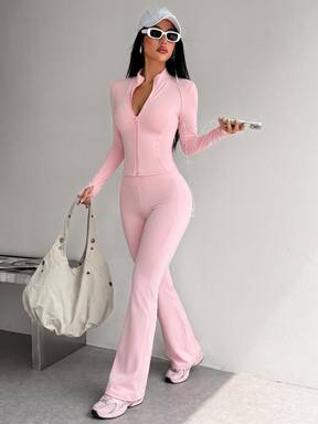 Dewbera Dewbera 2pcs Women Baby Pink Sports Suit For Fall Winter,Sexy Pilates Yoga Gym Set,Full Zip Long Sleeve Stand Collar Jacket & High Waist Stripe Flare Pants