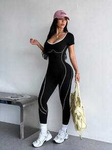 Dewbera Dewbera 1件女款無縫字母設計運動跑步瑜伽健身連身衣，黑白配色，秋季，性感，健身房收腹壓力運動機能服 - 黑色 - 查看 2