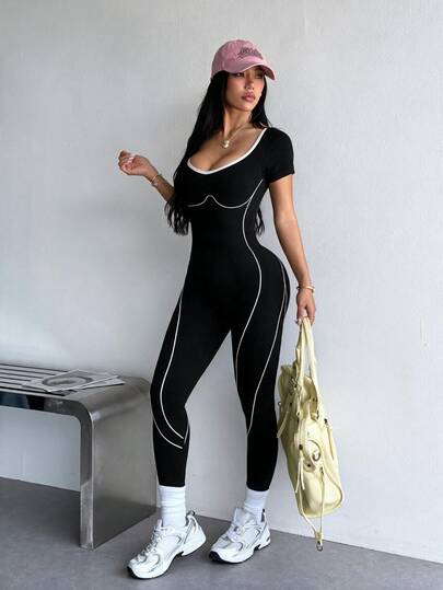Dewbera Dewbera 1pc Women Seamless Letter Design Sports Running Yoga Fitness Jumpsuit,Black And White,Autumn,Sexy,Gym Tummy Control Compression Athletic Activewear