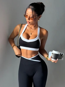 Dewbera Dewbera 女款休閒運動性感運動對比色掛脖背心褲套裝 健身房黑白配色 夏季 - 黑色 - 查看 3
