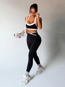 Dewbera Dewbera 女款休閒運動性感運動對比色掛脖背心褲套裝 健身房黑白配色 夏季 - 黑色 - 查看 9