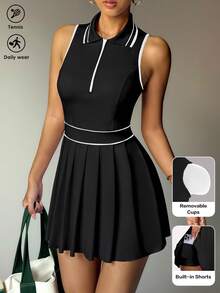 Dewbera Dewbera Women's Casual Contrast Color Pleated Hem Sports Dress, Summer - Black - View 4