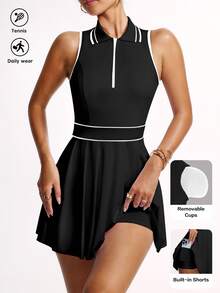 Dewbera Dewbera Women's Casual Contrast Color Pleated Hem Sports Dress, Summer - Black - View 3