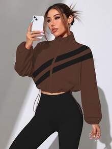 Dewbera Dewbera Spring/Autumn Colorblock Striped Full Zip Drawstring Hem Sports Jacket - Khaki - View 4
