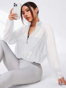Dewbera Dewbera 女式高领运动夹克 - 性感透视带口袋，休闲跑步、健身、户外活动，长袖 - 白色 - 查看 3