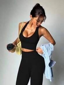 Dewbera Dewbera 女式纯色短款露背背心和高腰紧身裤运动套装 - 黑色 - 查看 2