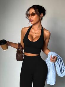 Dewbera Dewbera 女式纯色短款露背背心和高腰紧身裤运动套装 - 黑色 - 查看 6