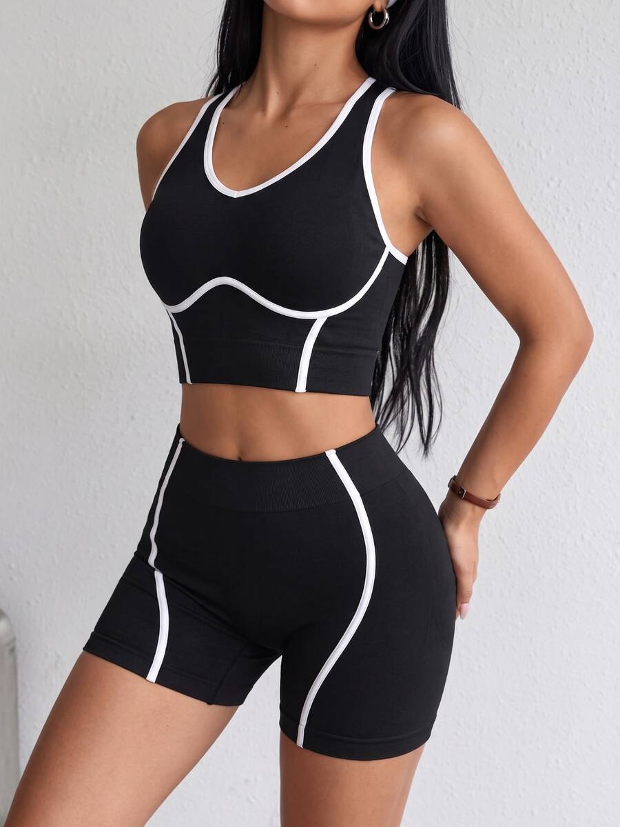 Dewbera Dewbera Women's Seamless High Elasticity Contrast Color Aerobic Yoga Fitness Sportswear Set - Black and White - View 1