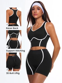 Dewbera Dewbera Women's Seamless High Elasticity Contrast Color Aerobic Yoga Fitness Sportswear Set - Black and White - View 3