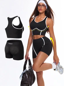 Dewbera Dewbera Women's Seamless High Elasticity Contrast Color Aerobic Yoga Fitness Sportswear Set - Black and White - View 8