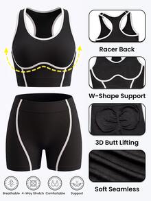 Dewbera Dewbera Women's Seamless High Elasticity Contrast Color Aerobic Yoga Fitness Sportswear Set - Black and White - View 4