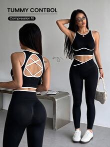 Dewbera Dewbera 女式下摆短款背心和不对称腰部紧身裤运动套装健身服健身房紧身裤套装女式罗纹健身套装 - 黑色 - 查看 1