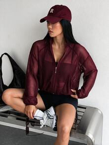 Dewbera Dewbera 女士高领透视性感外套，带口袋，休闲运动跑步健身户外活动长袖外套 - 酒紅色 - 查看 2