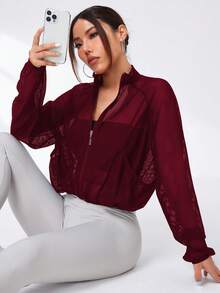 Dewbera Dewbera 女士高领透视性感外套，带口袋，休闲运动跑步健身户外活动长袖外套 - 酒紅色 - 查看 4