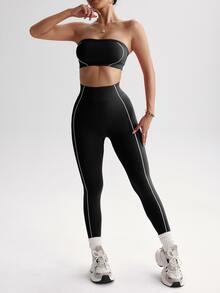 Dewbera Dewbera Sleeveless Micro Crop Strapless Two Pieces Legging Set For Active Lifestyle Workout Gym Yoga Sport,Black And White,Summer,Sexy,Gym - Black - View 5