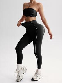Dewbera Dewbera Sleeveless Micro Crop Strapless Two Pieces Legging Set For Active Lifestyle Workout Gym Yoga Sport,Black And White,Summer,Sexy,Gym - Black - View 7