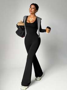 Dewbera Dewbera 女式秋冬连体裤，黑色紧身 U 领长袖，交叉后背带，贴身前片，喇叭裤脚，适合休闲、跑步、瑜伽、健身、网球等活动 - 黑色 - 查看 5