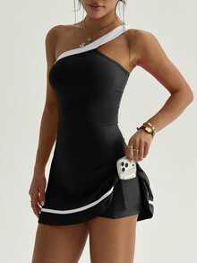 Dewbera Dewbera Black And White Summer Casual Modest Sporty Tennis Sports Dress,One Shoulder Ruffle Hem,Contrast Stripe Detachable Shorts With Pockets,Yoga - Black - View 8