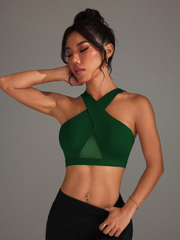 Dewbera Dewbera Women's Plain Color Mesh Patchwork Sports Bra, Daily Fitness Wear - Green - View 7