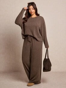 Elaquor Plus Size Women Casual Traditional Lounge Chocolate Brown Winter Curve Loungewear,Autumn Solid Color Top And Pants 2 Pieces Set Comfy Spring Outfit - Brown - View 1