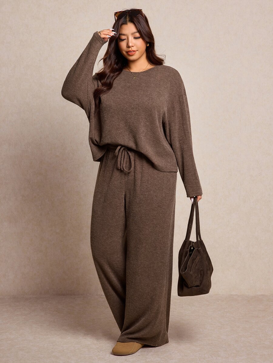 Elaquor Plus Size Women Casual Traditional Lounge Chocolate Brown Winter Curve Loungewear,Autumn Solid Color Top And Pants 2 Pieces Set Comfy Spring Outfit - Brown - View 1