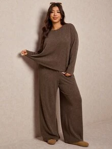 Elaquor Plus Size Women Casual Traditional Lounge Chocolate Brown Winter Curve Loungewear,Autumn Solid Color Top And Pants 2 Pieces Set Comfy Spring Outfit - Brown - View 6