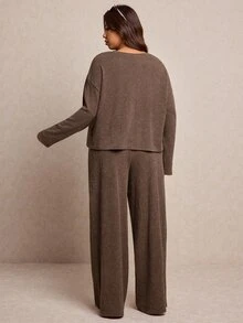 Elaquor Plus Size Women Casual Traditional Lounge Chocolate Brown Winter Curve Loungewear,Autumn Solid Color Top And Pants 2 Pieces Set Comfy Spring Outfit - Brown - View 2