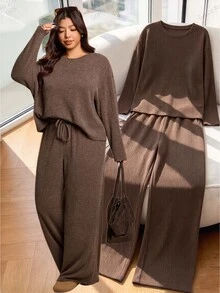 Elaquor Plus Size Women Casual Traditional Lounge Chocolate Brown Winter Curve Loungewear,Autumn Solid Color Top And Pants 2 Pieces Set Comfy Spring Outfit - Brown - View 7
