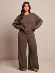 Elaquor Plus Size Women Casual Traditional Lounge Chocolate Brown Winter Curve Loungewear,Autumn Solid Color Top And Pants 2 Pieces Set Comfy Spring Outfit - Brown - View 5