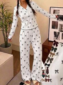 SHEIN Tween女孩長袖長褲蝴蝶結粉色睡衣套裝 - 粉色 - 查看 1
