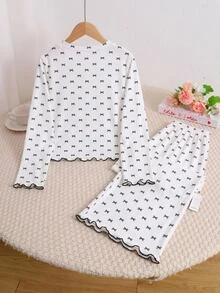 SHEIN Tween女孩長袖長褲蝴蝶結粉色睡衣套裝 - 粉色 - 查看 3