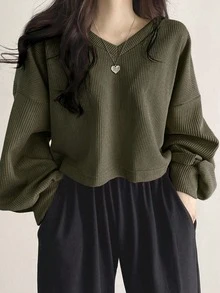 DAZY Solid Drop Shoulder Tee,Fall Clothes Long Sleeve Women Tops Crop Women Tops - Army Green - View 2