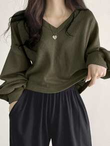 DAZY Solid Drop Shoulder Tee,Fall Clothes Long Sleeve Women Tops Crop Women Tops - Army Green - View 4