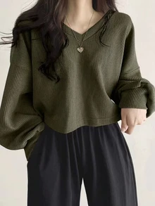 DAZY Solid Drop Shoulder Tee,Fall Clothes Long Sleeve Women Tops Crop Women Tops - Army Green - View 5