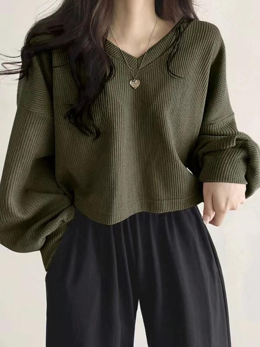 DAZY Solid Drop Shoulder Tee,Fall Clothes Long Sleeve Women Tops Crop Women Tops - Army Green - View 1