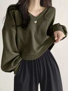 DAZY Solid Drop Shoulder Tee,Fall Clothes Long Sleeve Women Tops Crop Women Tops - Army Green - View 3