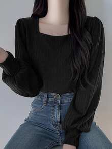 DAZY Women Square Neck Bodycon Long Sleeve T-Shirt, Spring/Summer/Autumn Preppy Tops,Fall Women Clothes Cute Tops - Black - View 5