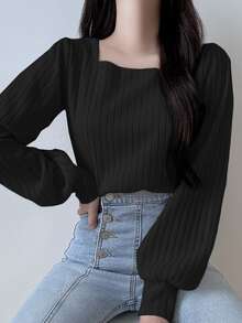 DAZY Women Square Neck Bodycon Long Sleeve T-Shirt, Spring/Summer/Autumn Preppy Tops,Fall Women Clothes Cute Tops - Black - View 3