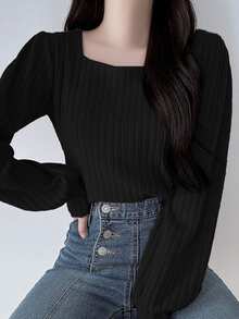 DAZY Women Square Neck Bodycon Long Sleeve T-Shirt, Spring/Summer/Autumn Preppy Tops,Fall Women Clothes Cute Tops - Black - View 2