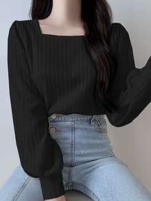 DAZY Women Square Neck Bodycon Long Sleeve T-Shirt, Spring/Summer/Autumn Preppy Tops,Fall Women Clothes Cute Tops - Black - View 7