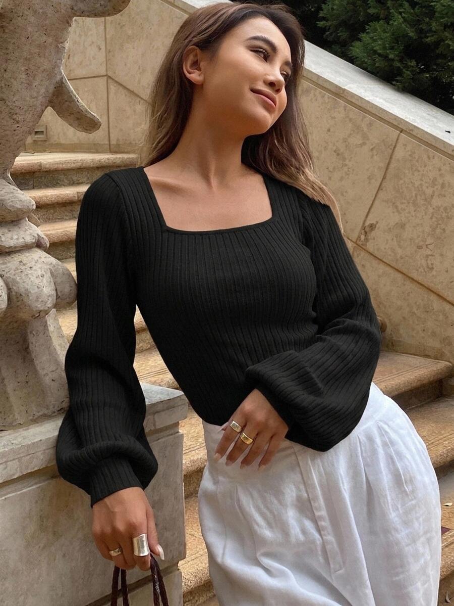 DAZY Women Square Neck Bodycon Long Sleeve T-Shirt, Spring/Summer/Autumn Preppy Tops,Fall Women Clothes Cute Tops - Black - View 1