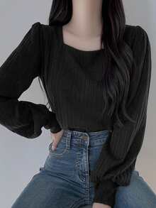 DAZY Women Square Neck Bodycon Long Sleeve T-Shirt, Spring/Summer/Autumn Preppy Tops,Fall Women Clothes Cute Tops - Black - View 6